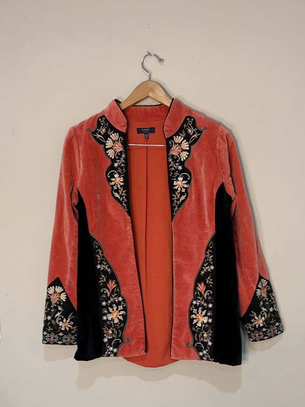 Kaari Blue Women's Velvet Embroidered Open Front Jacket in Rusty Pink and Black